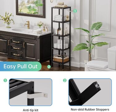 Полиця для зберігання у ванній кімнаті, 5 рівнів, бамбукова полиця, органайзер, багатофункціональна полиця для вітальні, спальні, кухні (чорна) 5 рівнів чорного кольору