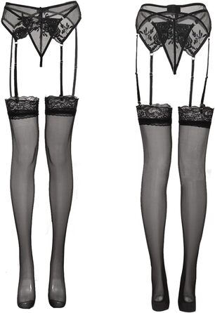 Жіночий сексуальний мереживний комплект панчіх та пояса для панчіх, комплект білизни з прозорої сітки з 4 металевими затискачами, регульовані колготки в сітку, пояс для панчіх стрінги панчохи з 3 предметів, розмір M, чорний
