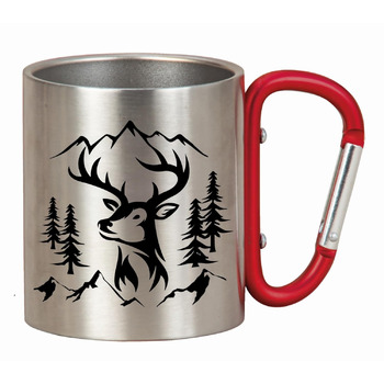 Кемпінгова кружка з нержавіючої сталі з карабіном, 200 мл, мотив оленя, 8x7 см, сріблясто-червона