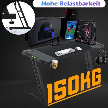 Ігровий стіл зі світлодіодним підсвічуванням 140 x 60 см, ігровий комп&39ютерний стіл з вуглецевого волокна, ігровий офісний стіл з підставкою для чашок та гачком для навушників для захопливого ігрового досвіду, чорний 140x60 см, зі світлодіодним підсвічу