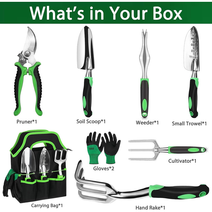 Набір садових інструментів Gartenwerkzeug, 8 предметів. Легкий набір ручних інструментів для саду з алюмінієвого сплаву з антикорозійним покриттям, чудовий подарунок. У комплекті міцний чохол для зберігання та ергономічні ручки з протиковзким покриттям (З