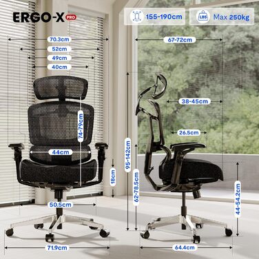 Ергономічне офісне крісло FLEXISPOT ErgoX Pro, регулювання висоти в 12 напрямках, підлокітники 7D, поперекова підтримка 5D, підголівник 4D, вантажопідйомність 250 кг та сітчасте сидіння (чорне) Чорний пінопласт