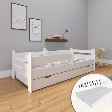 Дитяче/підліткове ліжко Kids Collective 80x160 90x200 см з матрацом та захисними поручнями вкл. рейкову основу та шухляду білого кольору Ліжко в скандинавському стилі для дівчаток та хлопчиків Вік від 3 до 10 років 80 x 160 см з матрацом та шухлядою