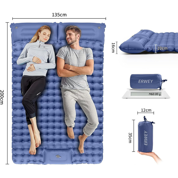 Килимок для кемпінгу для 2 осіб, 200x135 см, надлегкий, надувний матрац, килимок для сну з ножним насосом, складний килимок для сну з подушкою, темно-синій, двоспальний