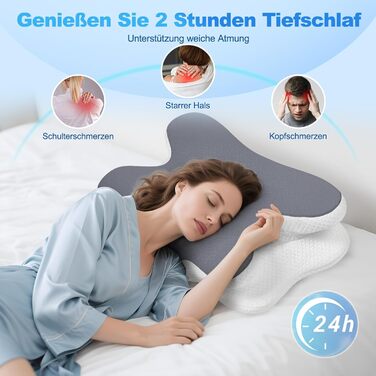 Подушка для шиї - Ортопедична подушка з піни з ефектом пам&39яті - Ергономічна подушка для полегшення болю в шиї для сну на боці, спині та животі з чохлом з крижаного шовку (темно-сіра)