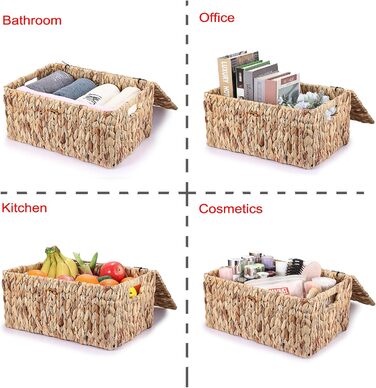 Натуральний кошик для зберігання речей з водяного гіацинта та морської трави. Плетена водонепроникна коробка для зберігання з кришкою. Для використання у вітальні, кухні, шафі для одягу, книг, фруктів, овочів та косметики. 40 x 28 x 19 см.