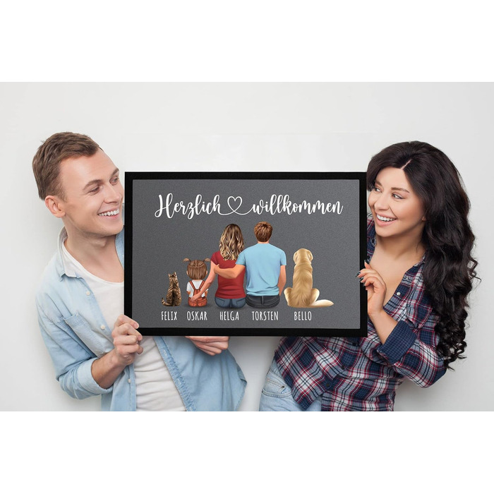 Персоналізований сімейний килимок для дверей з фігурками та іменами (1, 2, 3, 4 дітей, собака, кіт), нековзний та миється, чорний, 60x40 см