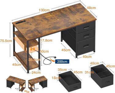 Письмовий стіл Coleshome з тканинними шухлядами, 130x48 см, комп&39ютерний стіл з 2 розетками та 2 портами USB для зарядки, ПК-стіл з полицею, двосторонній офісний стіл для офісу, вітальня, коричневий, 130x48x75,7 см