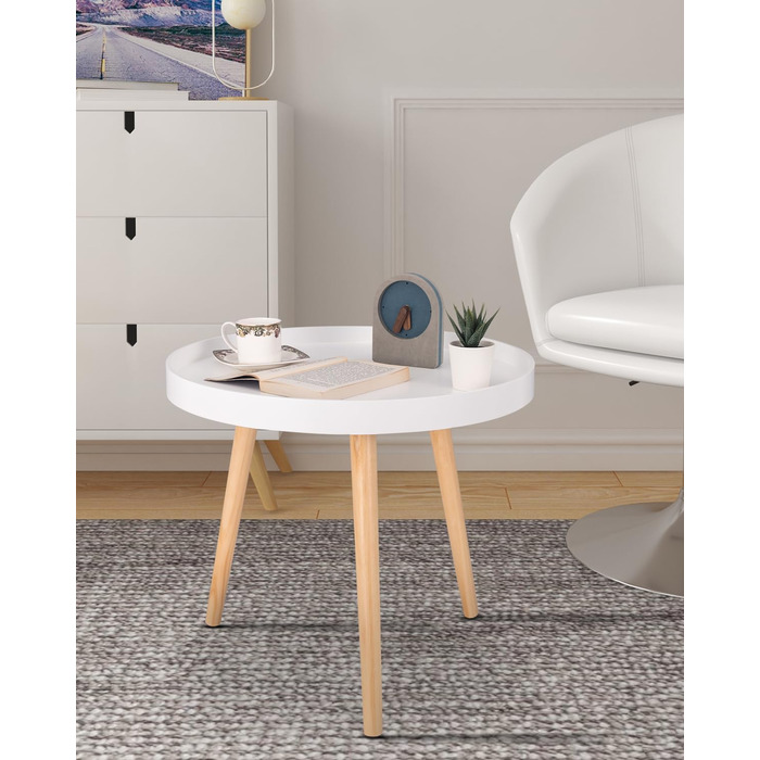 Невеликий круглий бічний столик, журнальний столик, підставка для рослин, тумбочка, масив дерева, скандинавський дизайн, білий, 50 x 44 см (діаметр x висота), TS143ws