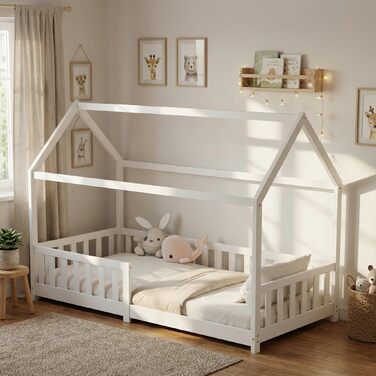 Дитяче ліжко ecomi 80x160 Ліжко на підлозі Дитяче ліжко-ліжко-будиночок із захистом від падіння та рейковою основою для дітей Дитячі ліжка для дівчаток та хлопчиків Масив сосни білого кольору 80x160 Білий