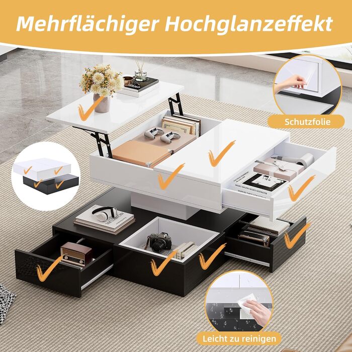 Журнальний столик Merax, що обертається на 360, сучасний журнальний столик, підйомний стіл для вітальні з 3 шухлядами та місцем для зберігання, глянцевий диванний столик, квадратний бічний столик білого та чорного кольорів, 70x70x40 см білого та чорного к