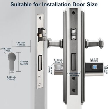 Електронний дверний замок із RFID-картою Bluetooth WiFi для 30-70 мм регульованого циліндра, електронний замок із відбитком пальця, сріблястий, 51 Fingerprint Lock