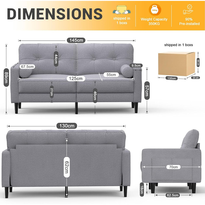 Місний диван, сучасний дизайн з товстими подушками, 2 подушки, зручний лляний диван з 2 відділеннями для зберігання речей для вітальні/спальні/офісу, легко збирається невеликий предмет меблів, класичний сірий, 2-