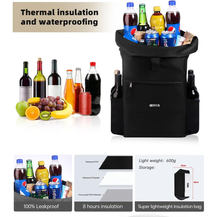 Термальний рюкзак 35 л, рюкзак-холодильник, водонепроникний рюкзак для пікніка з відкривачкою для пляшок, пікніків, кемпінгу, пляжу, походів, подорожей, шопінгу, чорний