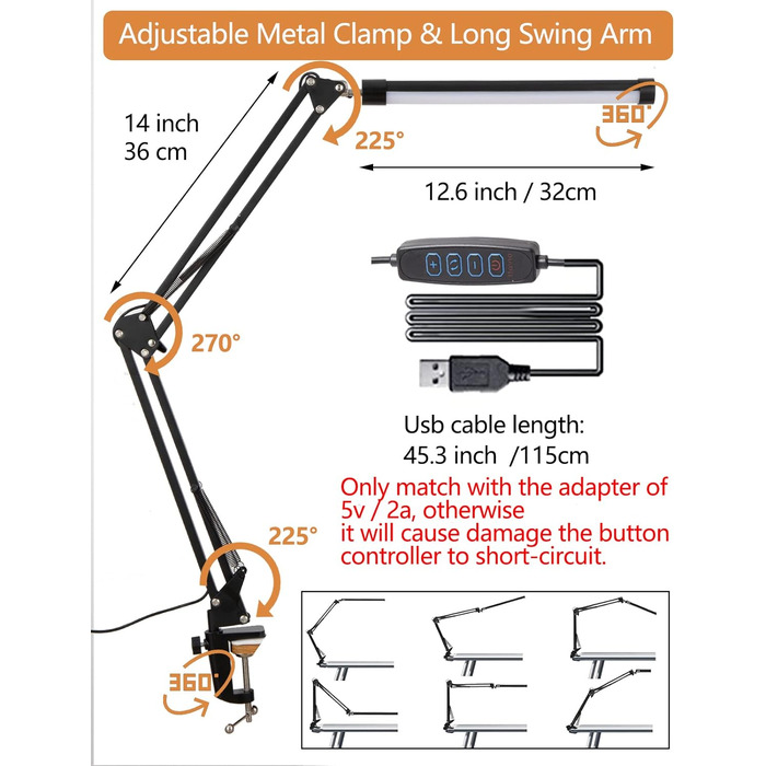 Настільна лампа LED, регульована поворотна настільна лампа із затискачем, настільна лампа з живленням від USB з регулюванням яскравості, легка для читання, 3 режими, 10 рівнів яскравості, функція пам'яті для дому, офісу