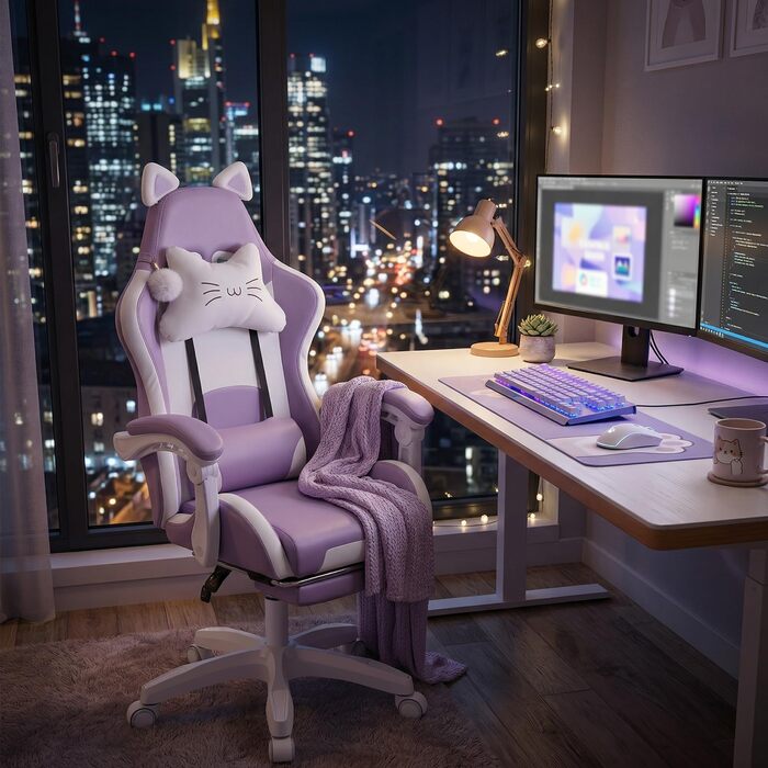 Ігрове крісло, Офісне крісло, Ігрове крісло, Ергономічне ігрове крісло з підставкою для ніг, поперековою опорою, підголівником та котячими вушками, М&39яке ігрове крісло, Обертове крісло для дівчаток, 135 кг, Фіолетовий