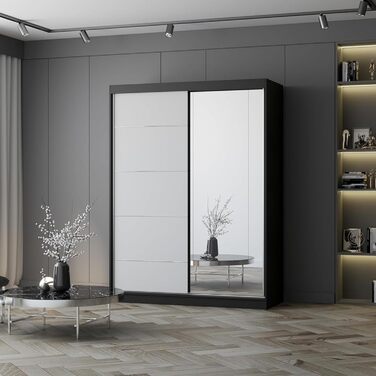 Шафа з дзеркалом, розсувні двері - Шафа з розсувними дверима, шафа для спальні - 61 x 150 x 200 см - Шафа для спальні, гардеробної, шафа - чорний, білий