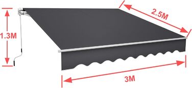 Тент на балкон з кріпленням на скобах, сонцезахисний козирок, складний тент з ручним приводом, сонцезахист, водонепроникний, пилонепроникний, регульована висота (темно-сірий, 3 * 2,5 м) 3 * 2,5 м темно-сірий