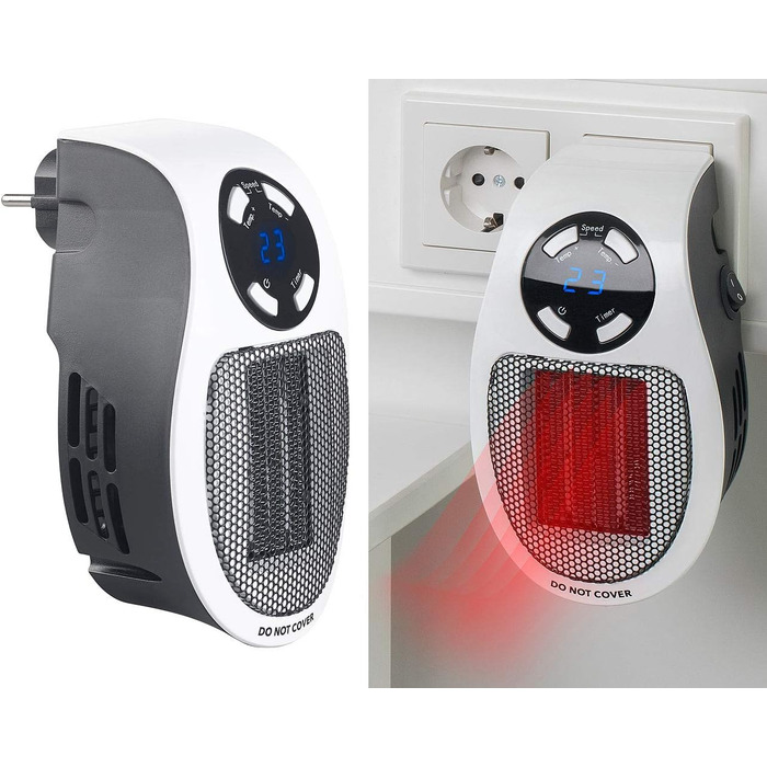 Підключається до розетки побутової техніки Sichler Керамічний вентилятор-обігрівач з термостатом, таймером, дисплеєм, 500 Вт (Маленький обігрівач для розетки, підключається до розетки, для людей похилого віку)