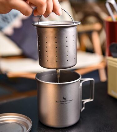 Титанова кружка iBasingo 420 мл з ситечком для чаю та кришкою Легка чашка з фільтром Кемпінг на відкритому повітрі Одношарова чашк