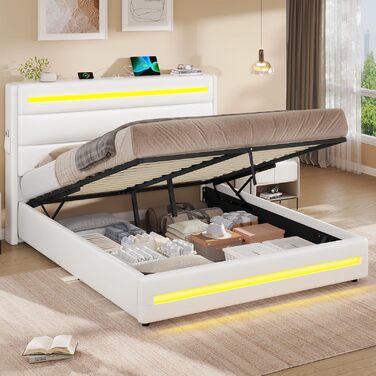 Ліжко 160x200 зі світлодіодним освітленням, Гідравлічне ліжко 160x200 см, М&39яке двоспальне ліжко, Каркас ліжка з місцем для зберігання та рейковою основою, Спальня, ПУ білий 160 x 200 Білий