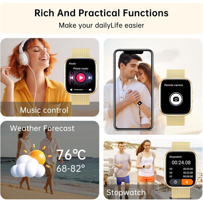 Жіночий смарт-годинник із функцією телефону, сенсорний екран 1,85 дюйма, фітнес-трекер, понад 120 спортивних режимів, водонепроникність IP68, фітнес-годинник із серцевим ритмом, SpO2, монітором сну, крокоміром, смарт-годинник для iOS та Android, золотисти