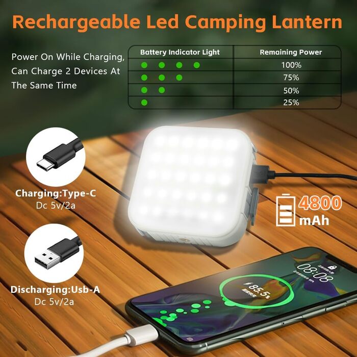 Акумуляторний кемпінговий ліхтар, світлодіодний кемпінговий ліхтар 800 лм, USB-акумуляторний кемпінговий ліхтар, водонепроникний кемпінговий ліхтар IPX5, портативний зарядний пристрій 4800 мАг, 4 режими освітлення, для риболовлі на свіжому повітрі, поході