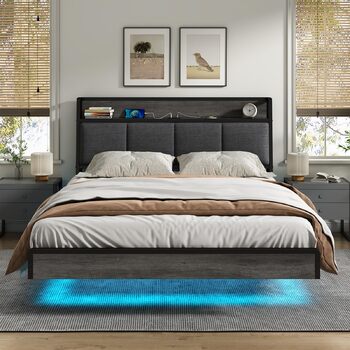 Ліжко 140 x 200, ліжко зі світлодіодним підсвічуванням, м&39яке ліжко 140 x 200, візуальний ефект плаваючого дизайну, зарядна станція, каркас ліжка з рейковою основою, для спальні, гостьової кімнати, лляна тканина сірого кольору 140 x 200 см сірого кольор