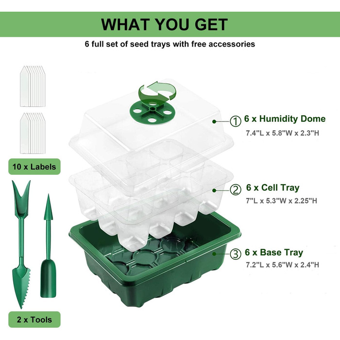 Теплиця для вирощування Feizeisun, 6 шт., 72 комірок, набір для міні-теплиці, міні-теплиця, ящик для вирощування в закритому приміщенні, піддон для вирощування теплиці з кришкою та вентиляцією для розсади, зелений