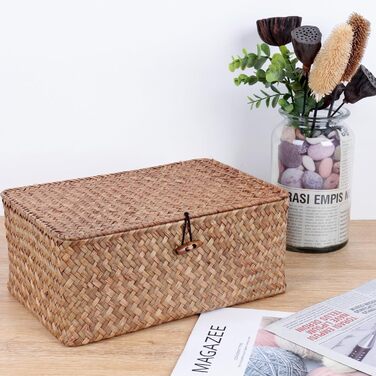 Кошики FEILANDUO з вербовими полицями та кришкою, з морської трави, кошик для зберігання, контейнер, прямокутний, ручної роботи, для полиць, столу, домашнього органайзера (кавовий, великий)