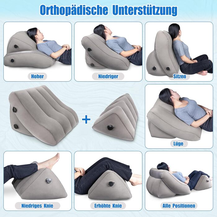 Комплект надувних подушок для ніг SAHEYER для спинки, 2 регульовані надувні клиноподібні подушки для читання, ергономічна подушка для підтримки ніг та спини, подушка для спинних вен для полегшення болю в ногах та спині, сірий