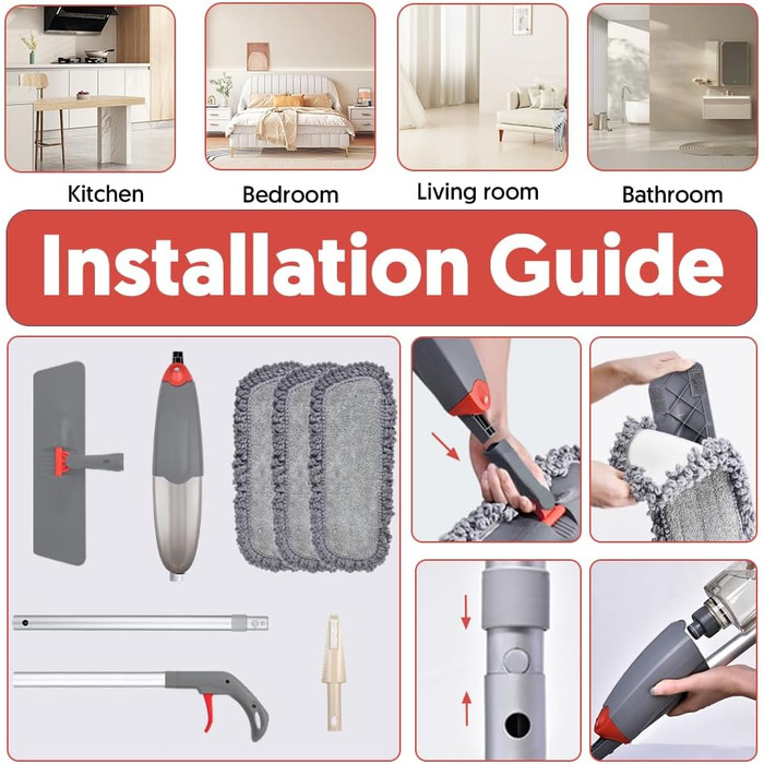 Швабра з функцією розпилення, швабра для підлоги Domi-patrol з функцією розпилення з 3 чохлами з мікрофібри, що миються, швабра-ро