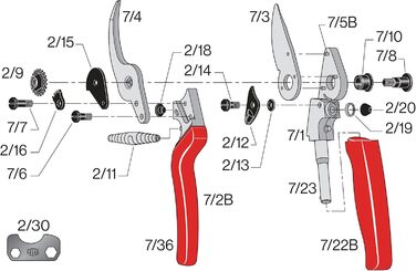 Садові ножиці FELCO 7 Bypass з ручкою, що обертається, для правшів, ергономічний дизайн для великих рук, сталеве лезо 45 мм, довжина різання до 25 мм, амортизатор, ковані алюмінієві ручки, зроблені у Швейцарії, FELCO 7 Large Hand (L)