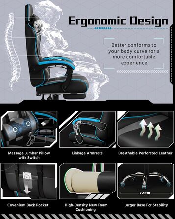 Ігрове крісло Yaheetech Ергономічне ігрове крісло з функцією масажу Комп&39ютерне крісло з підставкою для ніг Офісне крісло з регульованою спинкою 90-135 для домашнього офісу та ігор Чорний/Сірий сірий з підставкою для ніг