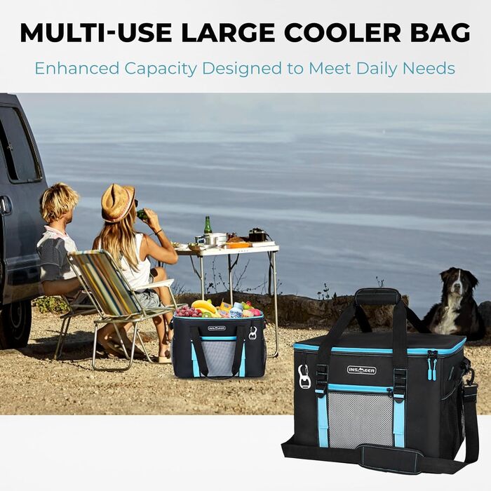 Велика сумка-холодильник 50 л, складна сумка-холодильник на 80 банок, складна/герметична з відкривачкою, велика сумка/холодильник для пікніка для кемпінгу, пляжу, пікніків, сімейних прогулянок на 4 особи, чорна