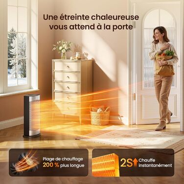 Енергозберігаючий електричний вентилятор-обігрівач, 1500 Вт з термостатом, коливальний електричний нагрівальний елемент 70, керамічний нагрівач PTC, тиха робота, режим ECO, 24-годинний таймер, захист від перегріву та перекидання, 41 см, сріблястий