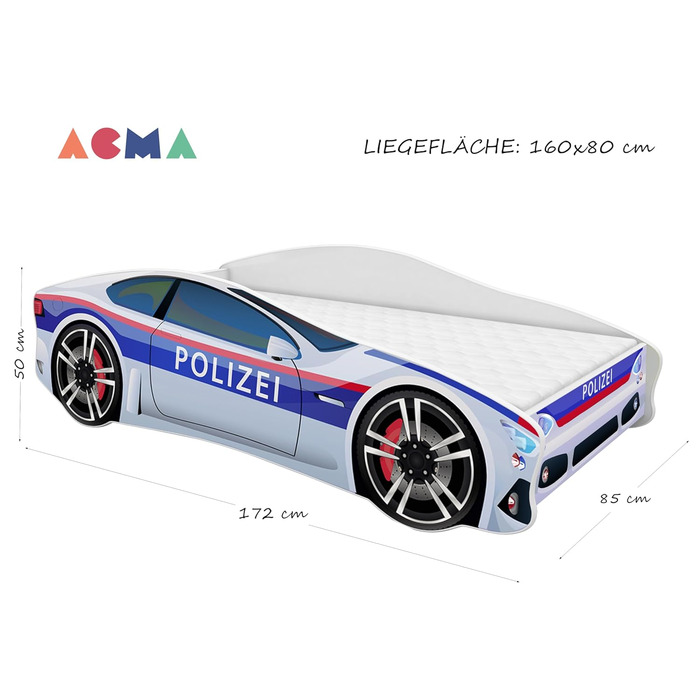 Дитяче ліжко-автомобіль ACMA, дизайн Police, із захистом від падіння, рейковою основою та матрацом (Police 3, 160x80 см ім&39я) 160x80 см ім&39я Police 3