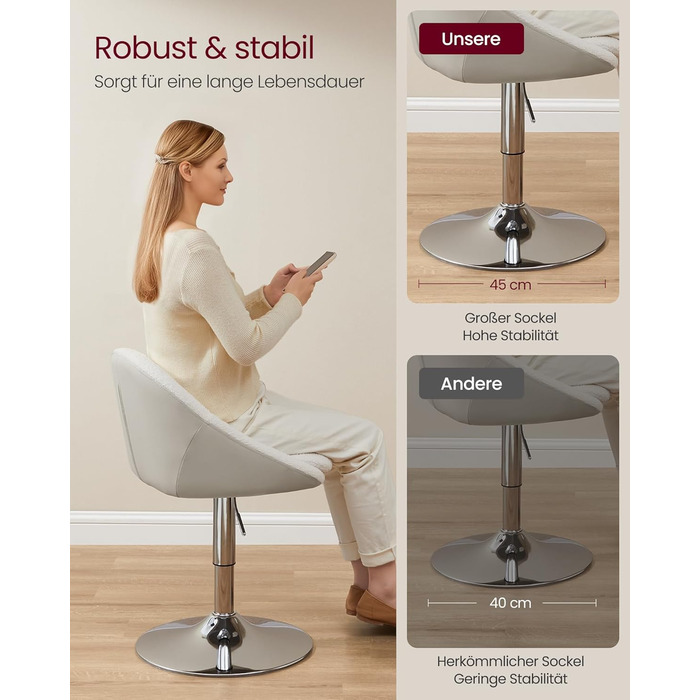 Регульований стілець VASAGLE, крісло для туалетного столика, офісне крісло, обертовий барний стілець зі спинкою та основою, сталь, для стійки, офісу, туалетного столика, їдальні, кремово-білий LJB100W01 кремово-білий фліс