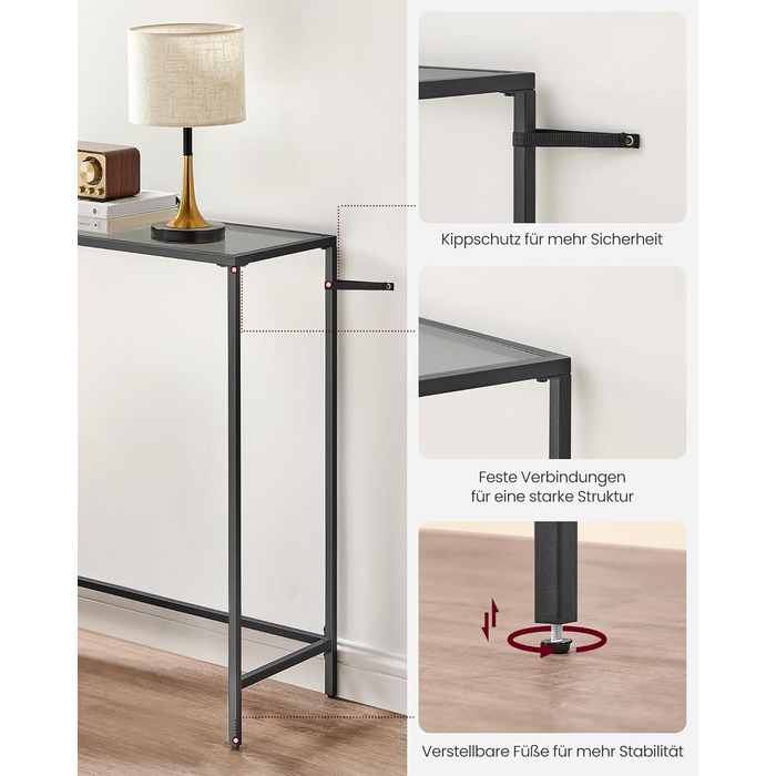Консольний столик VASAGLE, бічний столик, стільниця із загартованого скла, сучасний диван-столик, легке складання, регульовані ніжки, вітальня, передпокій, чорно-сланцево-сірий LGT132B01 Чорно-чорний шиферно-сірий 1 рівень (20Г x 100Ш см)