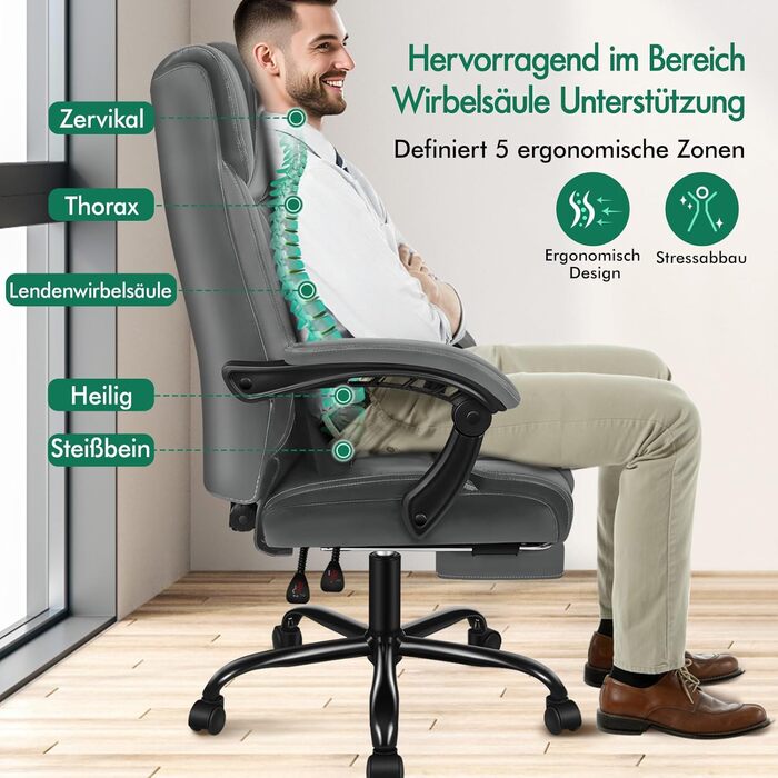 Офісний стілець ALFORDSON, Комп&39ютерний стілець, Робочий стілець зі штучної шкіри, вантажопідйомність 150 кг, спинка 90-135, регульований по висоті ергономічний комп&39ютерний стілець, Grey Boss - Grey