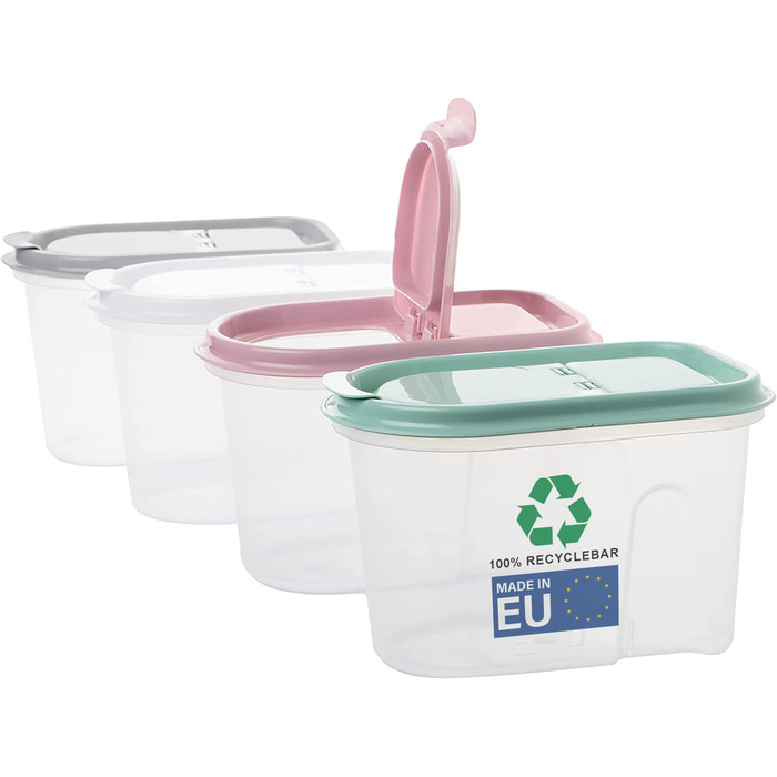 Контейнери для зберігання SUSTANIA, набір з 4 шт. , різні розміри, 1 л, прозорі з кришками на шарнірах, диспенсери для пластівців, пластик, ідеально підходять для пластівців, зроблено в Європі, 100 придатні для переробки