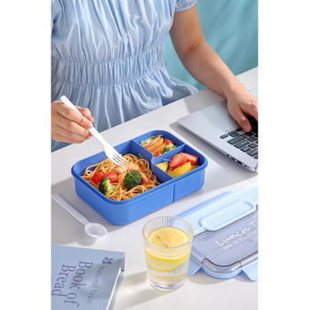 Ланчбокс для дорослих, 1450 мл, стильний контейнер для обіду з ложкою та виделкою, зручний для транспортування, обідній контейнер з 3 відділеннями, без BPA, герметичний, ідеально підходить для їжі (синій)