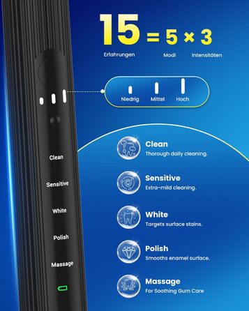 Електрична звукова зубна щітка для дорослих та дітей, 5 режимів чищення з 3 рівнями інтенсивності, 8 змінних насадок та дорожній футляр, акумуляторна зубна щітка (, в упаковці) Чорна