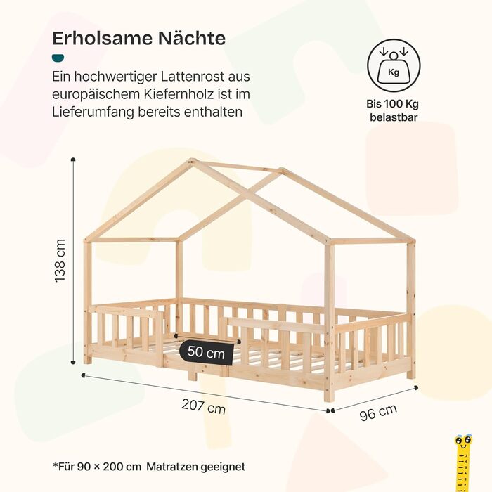 Дитяче ліжко Treviolo 90 x 200 см Дерев&39яне ліжко для дітей із захистом від падіння Каркас ліжка Монтессорі з рейковою основою, сосновий дерев&39яний, колір натурального дерева, 90 x 200 см