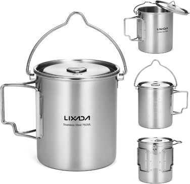 Кемпінговий горщик, горщик з нержавіючої сталі об&39ємом 750 мл, портативний стаканчик для води, кухоль з кришкою та складною ручкою, для активного відпочинку, кемпінгу, приготування їжі, пікніка