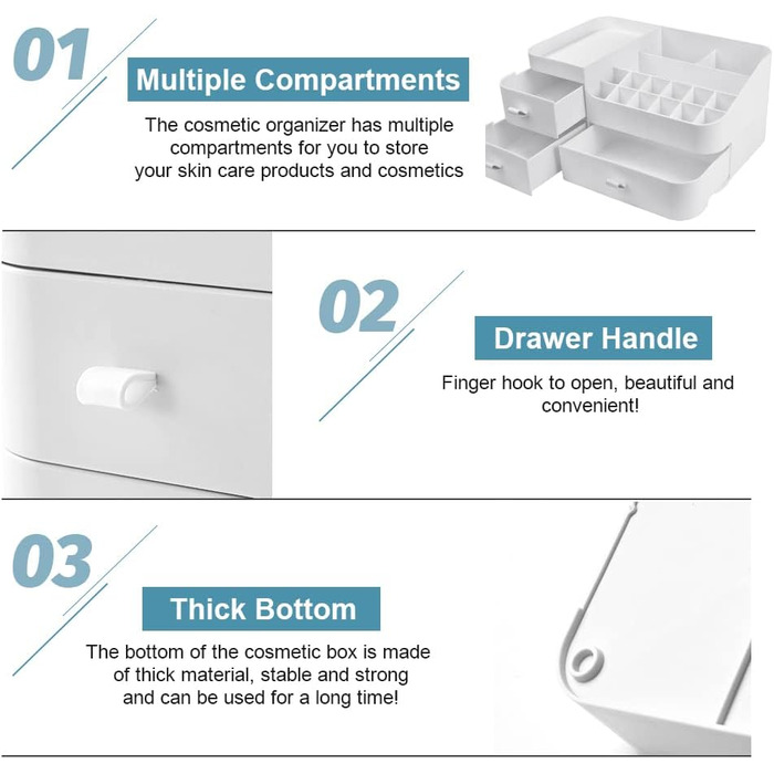 Органайзер для макіяжу Коробка для зберігання косметики з шухлядами Туалетний столик Органайзер Коробка для макіяжу Органайзер для краси Велика косметика для зберігання косметики Коробка для лаку для нігтів Губна помада 3 шухляди Білий