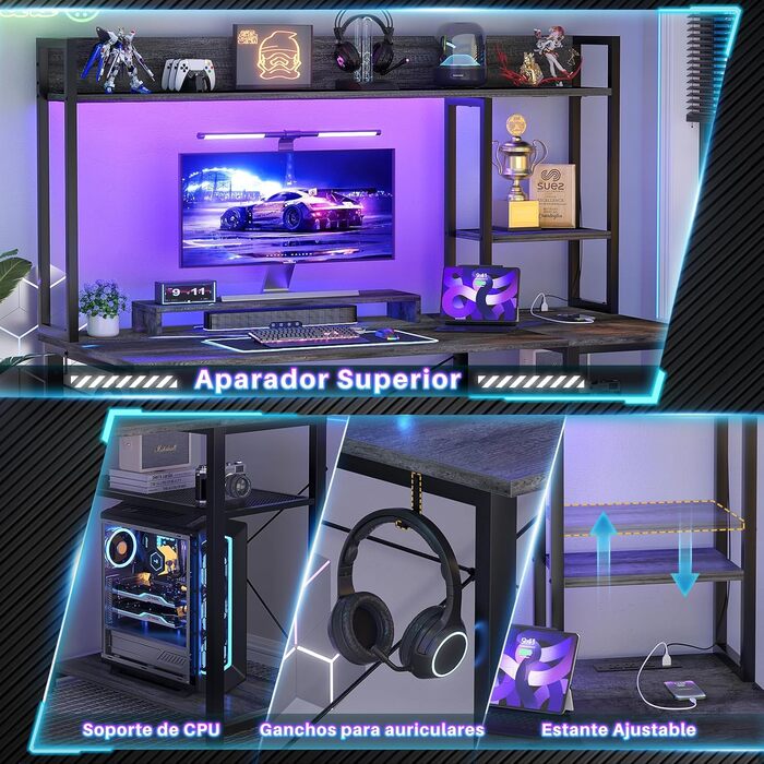 Ігровий стіл з полицею, комп&39ютерний стіл 47 дюймів зі світлодіодним підсвічуванням та розетками, стіл для домашнього офісу з двосторонніми 5-ярусними відділеннями для зберігання та підставкою для монітора, чорний, 120 см.