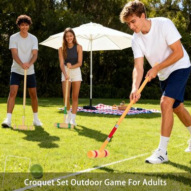 Набір для крокету Pointyard, 6 гравців, 71 см, з дерев&39яними молотками, кольоровими м&39ячами, хвіртками, кілками для дорослих, підлітків, сімей, ідеально підходить для гри на газоні, у дворі, в парку (включає сумку для перенесення), різнокольоровий