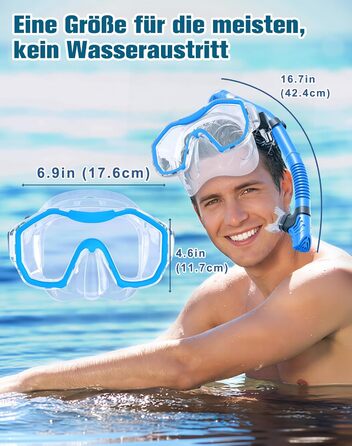 Набір для дорослих з маскою для снорклінгу, комплект з 2 предметів, комплект для снорклінгу з панорамною маскою для снорклінгу та сухим снорклінгом, водонепроникна маска для дайвінгу з загартованого скла для дайвінгу, снорклінгу, плавання, прозорий синьо-