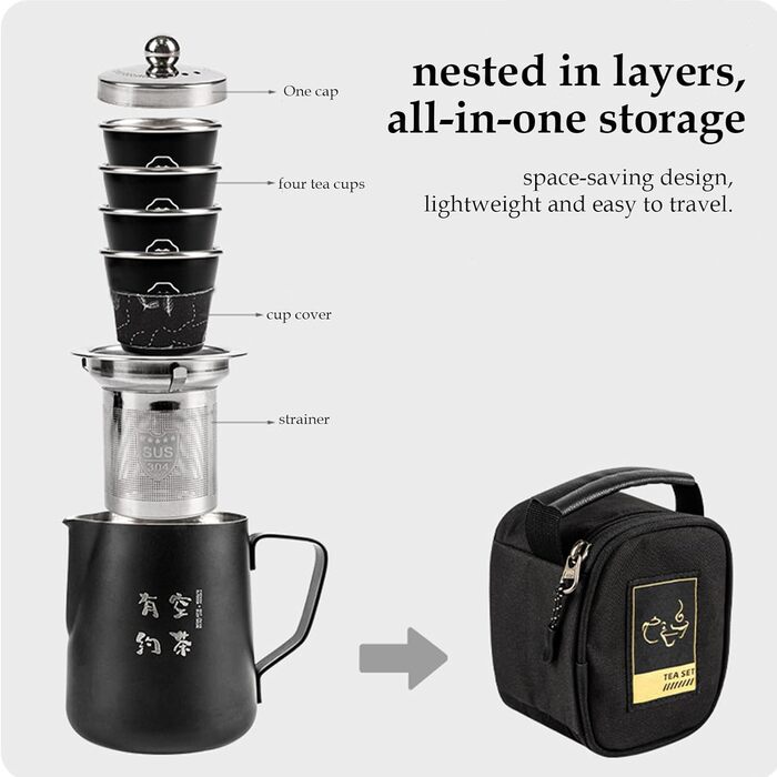 Набір для чаю в дорозі з сумкою, з нержавіючої сталі 304 - термостійкі чашки, похідна плитка, 4 чашки в комплекті
